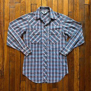 Vintage Chute #1‎ Men Grey Blue Red Plaid Pearl Snap Western Roper Button Shirt